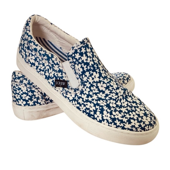 J Crew Sneakers Blue/White Keats Floral Printed Road Trip Slip-on (Size 7) - Picture 1 of 10